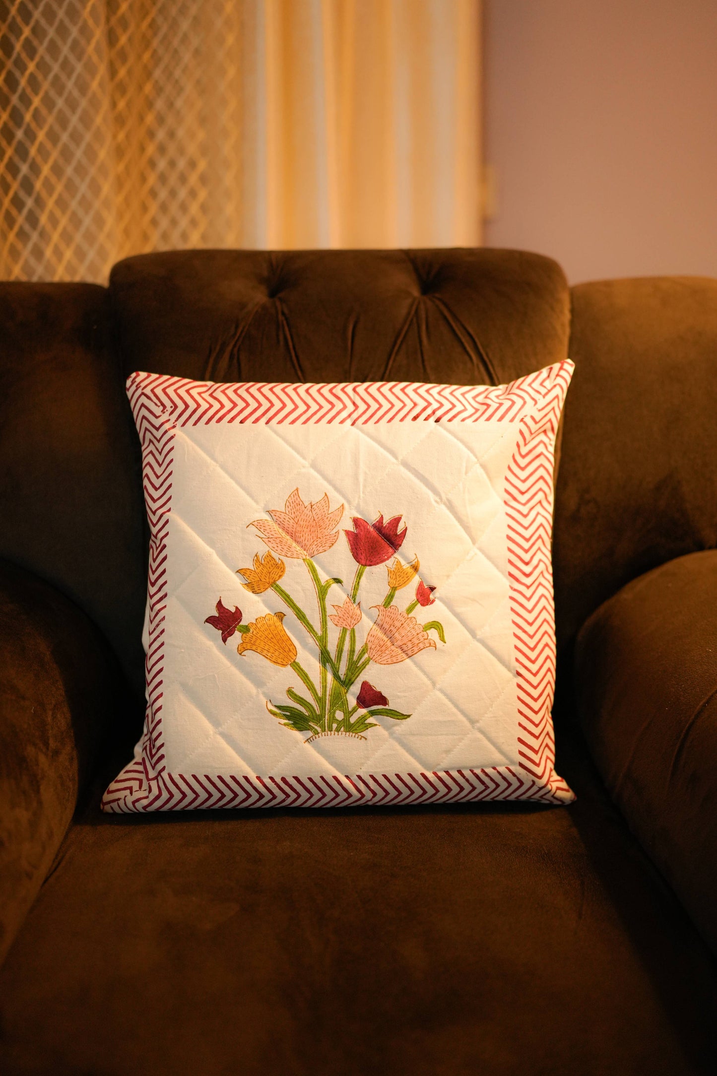 Floral Motif Hand Block Quilted Cushion Cover (Set of 5)