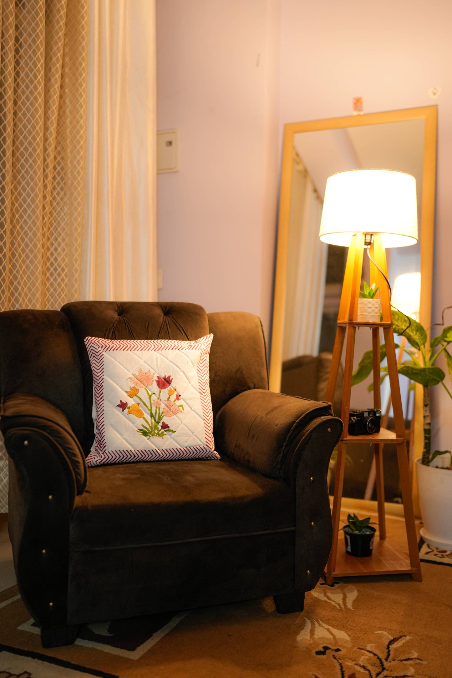 Floral Motif Hand Block Quilted Cushion Cover (Set of 5)