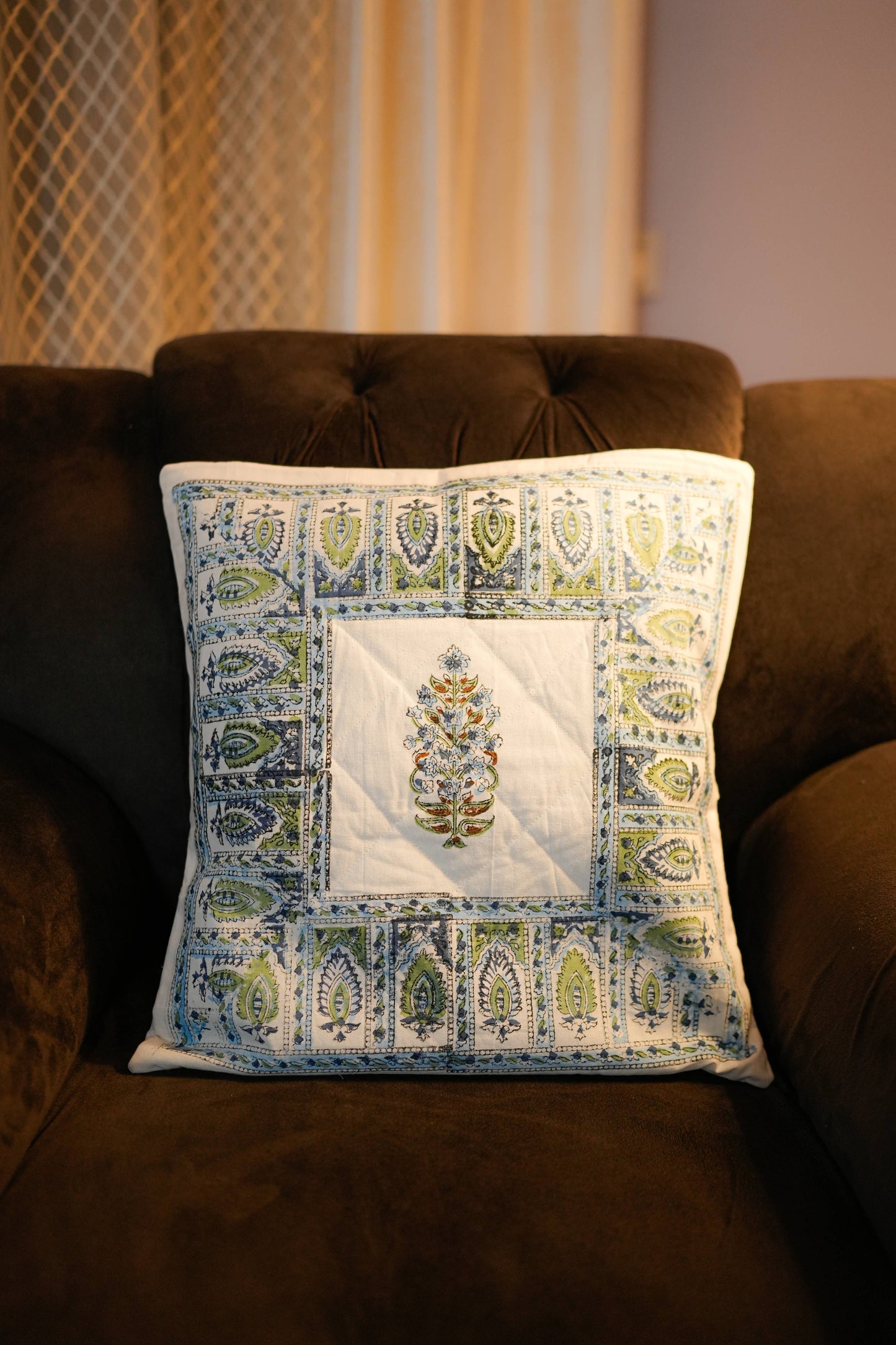Botanical Motif Hand Block Quilted Cushion Cover (Set of 5)