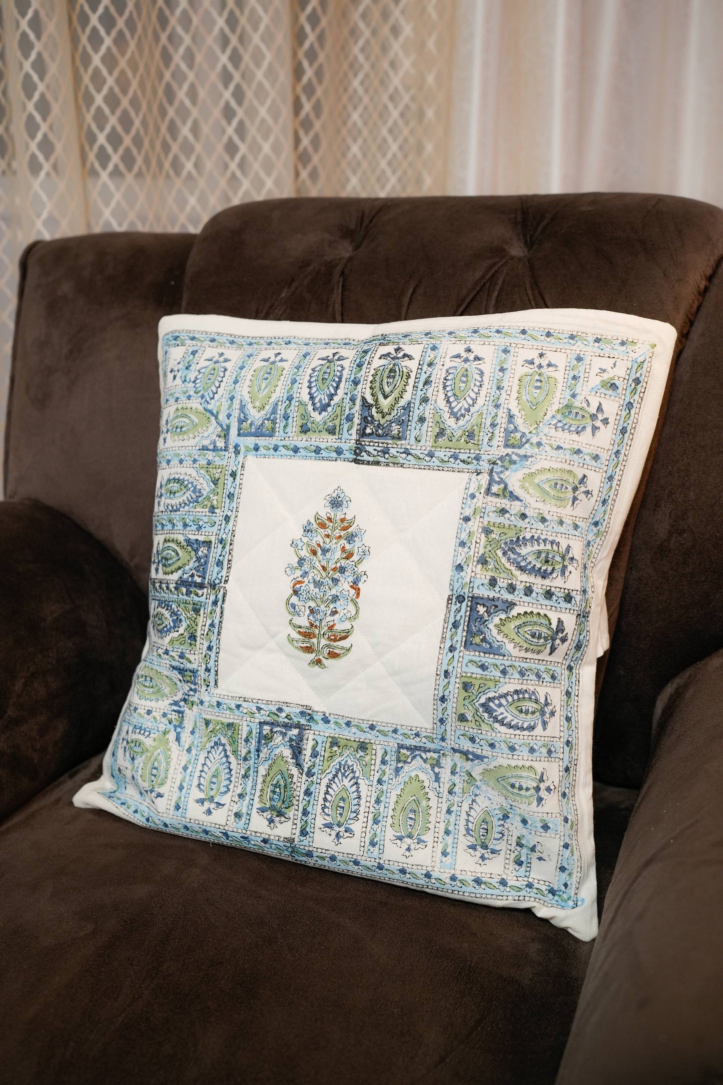 Botanical Motif Hand Block Quilted Cushion Cover (Set of 5)