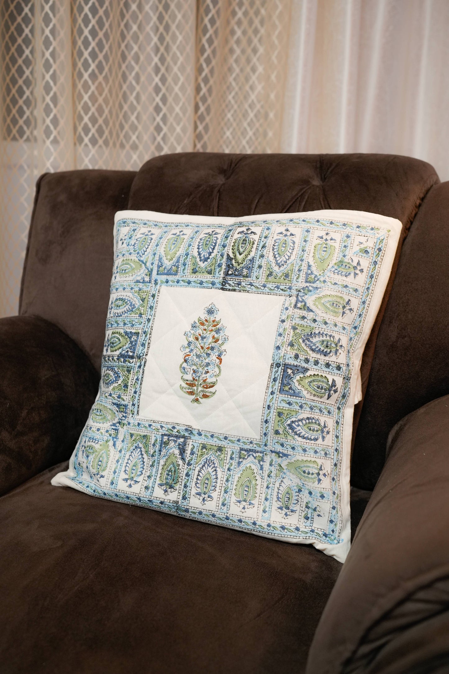 Botanical Motif Hand Block Quilted Cushion Cover (Set of 5)