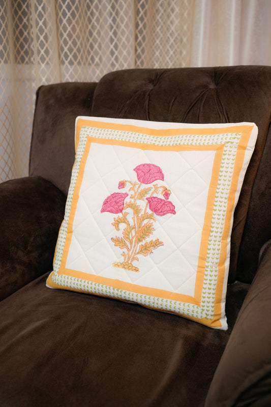 Pink Floral Motif Hand Block Quilted Cushion Cover (Set of 5)