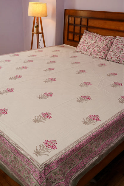 Botanical Pattern Hand block Cotton Bedsheet (White)
