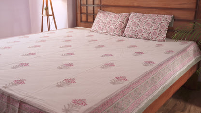 Botanical Pattern Hand block Cotton Bedsheet (White)