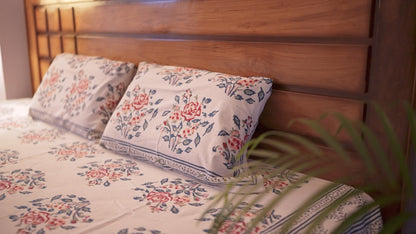 Rose Pattern Hand Block Cotton Bedsheet (White)