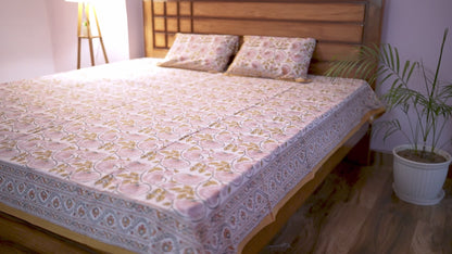 Yellow Floral Hand Block Cotton Bedsheet (White Base)
