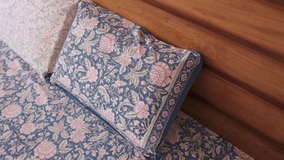 Pinky Floral Hand block cotton Bedsheet (Blue)